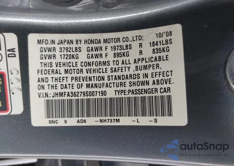 2009 Honda Civic Hybrid from USA, damaged, VIN JHMFA36279S007190